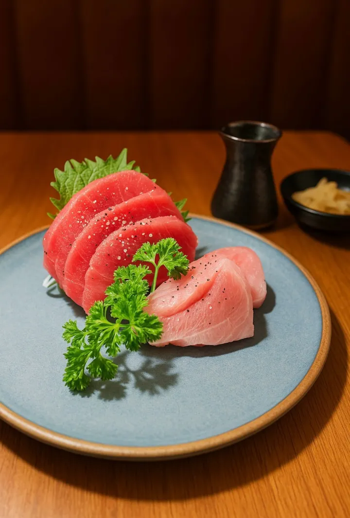 Sashimi de atum akami e toro com folha de shissô